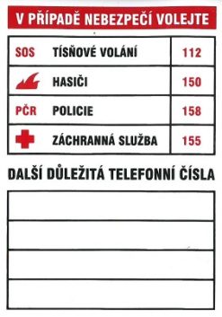 Tabuľka dôležitých telefónnych čísel 74x105mm - samolepka Samolepiace bezpečnostné tabuľka formátu 74x105 mm