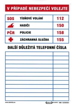 Tabuľka dôležitých telefónnych čísel 210x297mm - plastová tabuľka Plastová bezpečnostná tabuľka formátu 210x297 mm