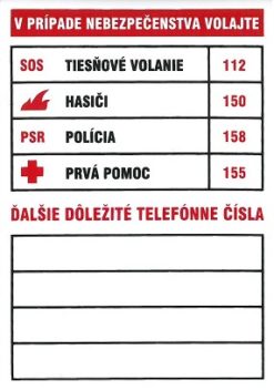 Tabuľka dôležitých telefónnych čísel 74x105mm - samolepka Samolepiace bezpečnostné tabuľka formátu 74x105 mm